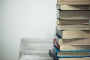 educational content books in a pile